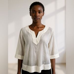 Land's End Crisp White Polka Dot Sheer Cotton 3/4 Sleeve Top. Size 16